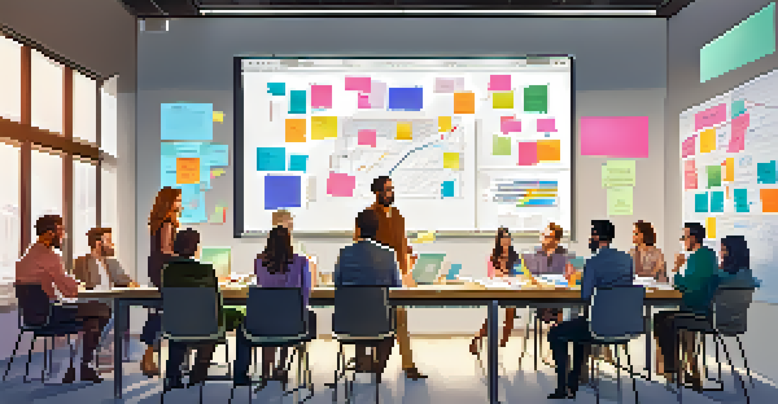 A diverse group of people brainstorming around a table covered with sticky notes and charts in a modern office.