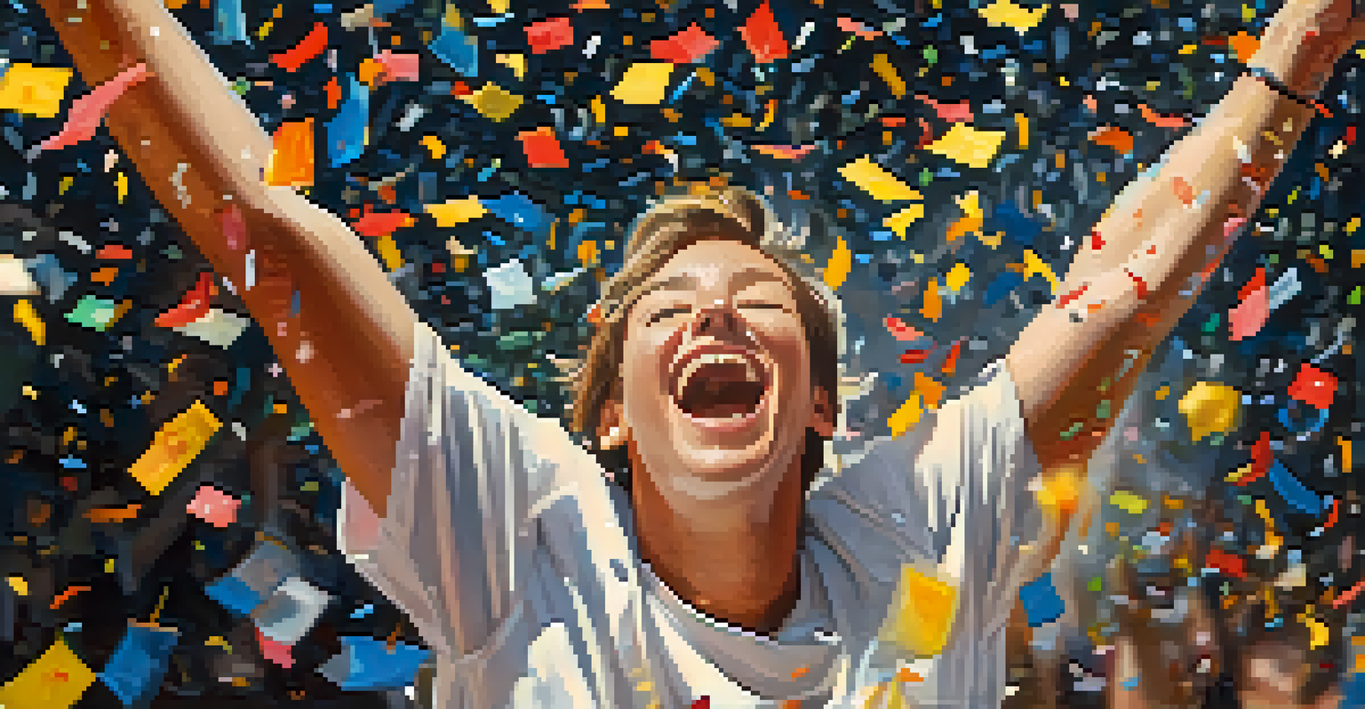 A person celebrating with hands raised in joy, surrounded by falling confetti and a blurred calendar in the background.