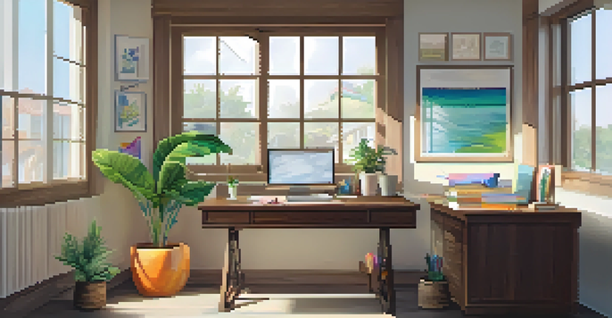 A bright and peaceful workspace with a wooden desk, colorful pens, a notepad, and a small potted plant, illuminated by natural light from a window.