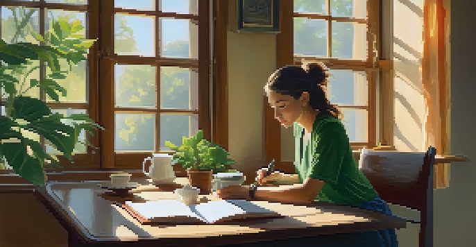 A person journaling at a table by a sunlit window with a cup of coffee and a plant, surrounded by soft morning light.