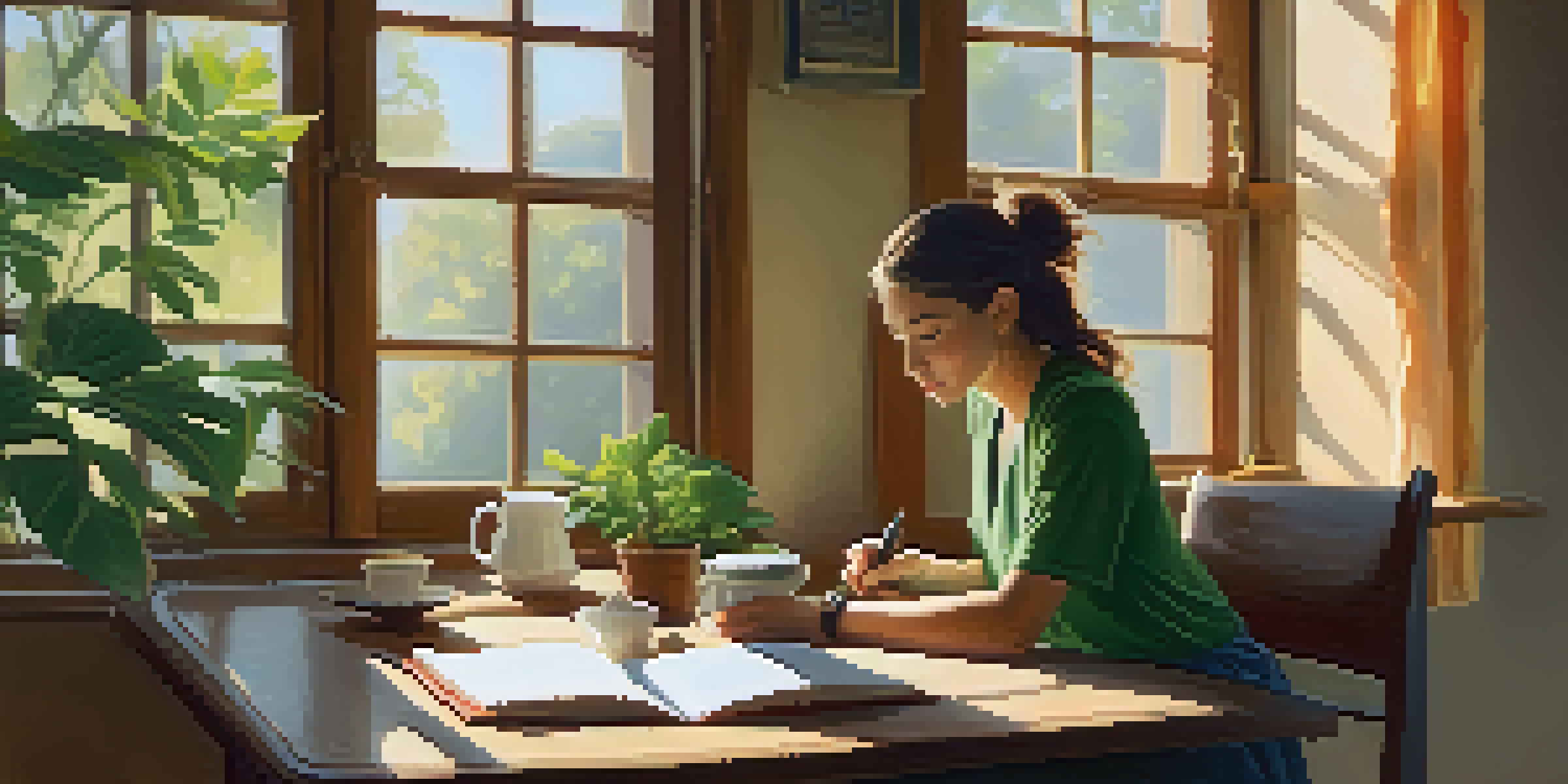 A person journaling at a table by a sunlit window with a cup of coffee and a plant, surrounded by soft morning light.