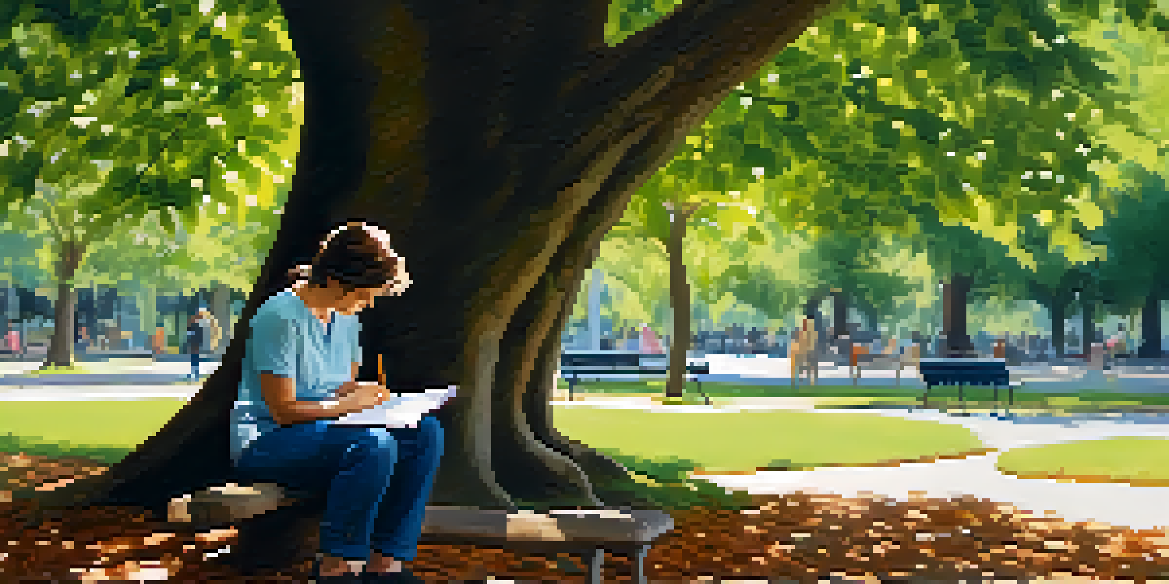 A person journaling on a park bench under a tree, surrounded by greenery.