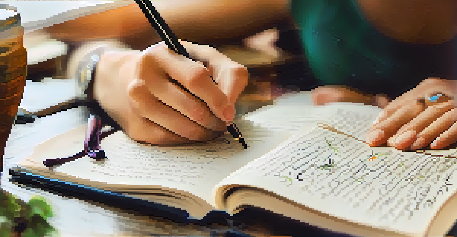A close-up of a hand writing in a journal, with a cup of tea beside it, capturing the reflective moment during a workshop.