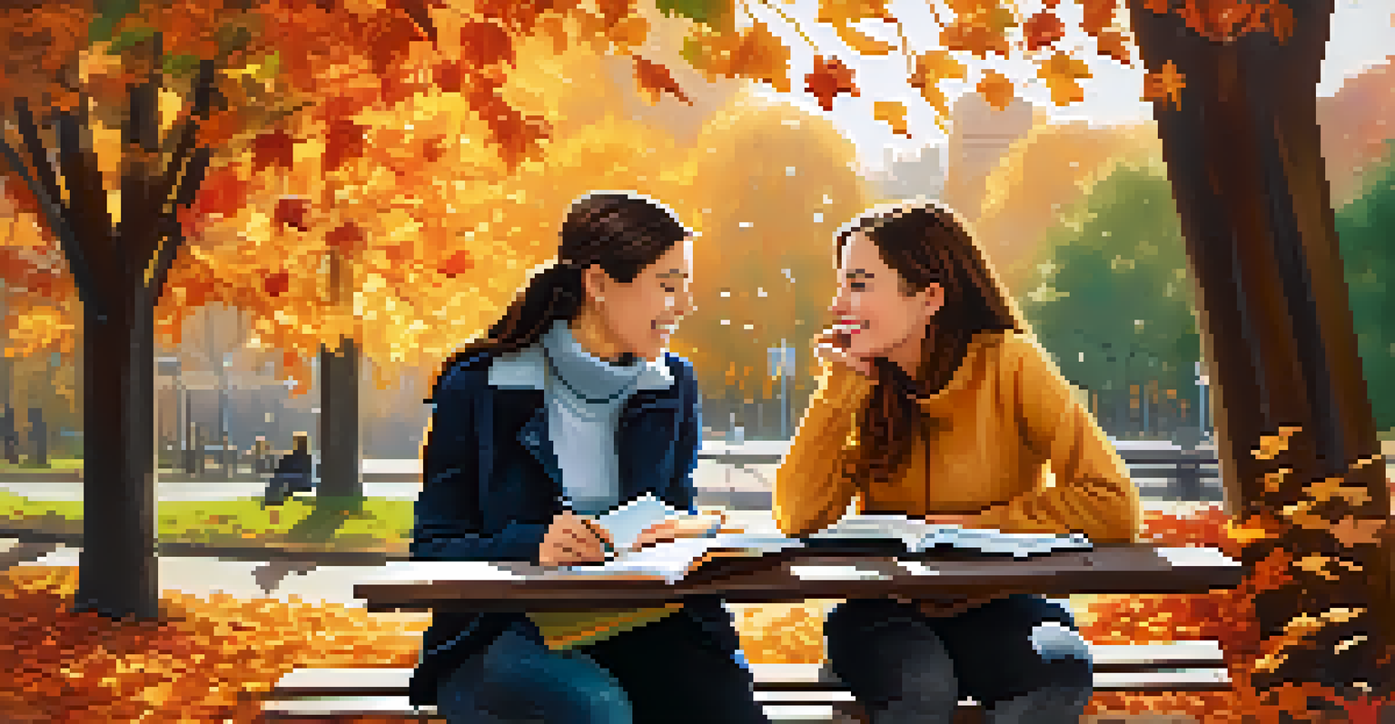 Two friends discussing personal goals in a park surrounded by autumn leaves.