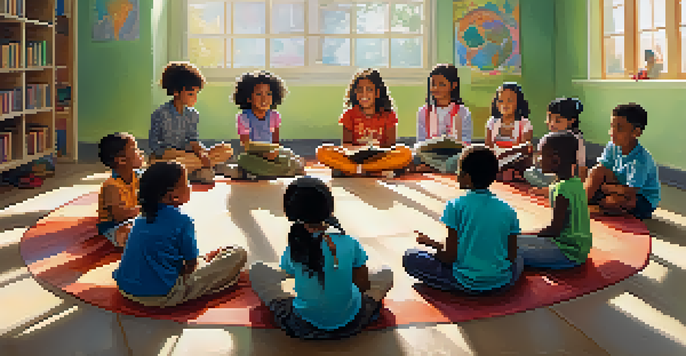 A classroom with children sitting in a circle, listening to a teacher reading a story, showcasing their emotional expressions.