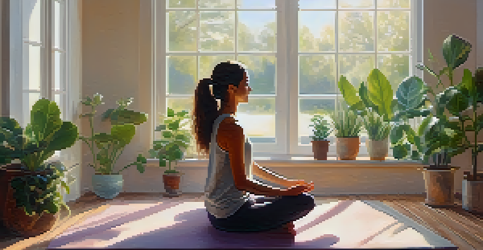 A person practicing mindful breathing in a sunlit room, surrounded by plants and a peaceful atmosphere.