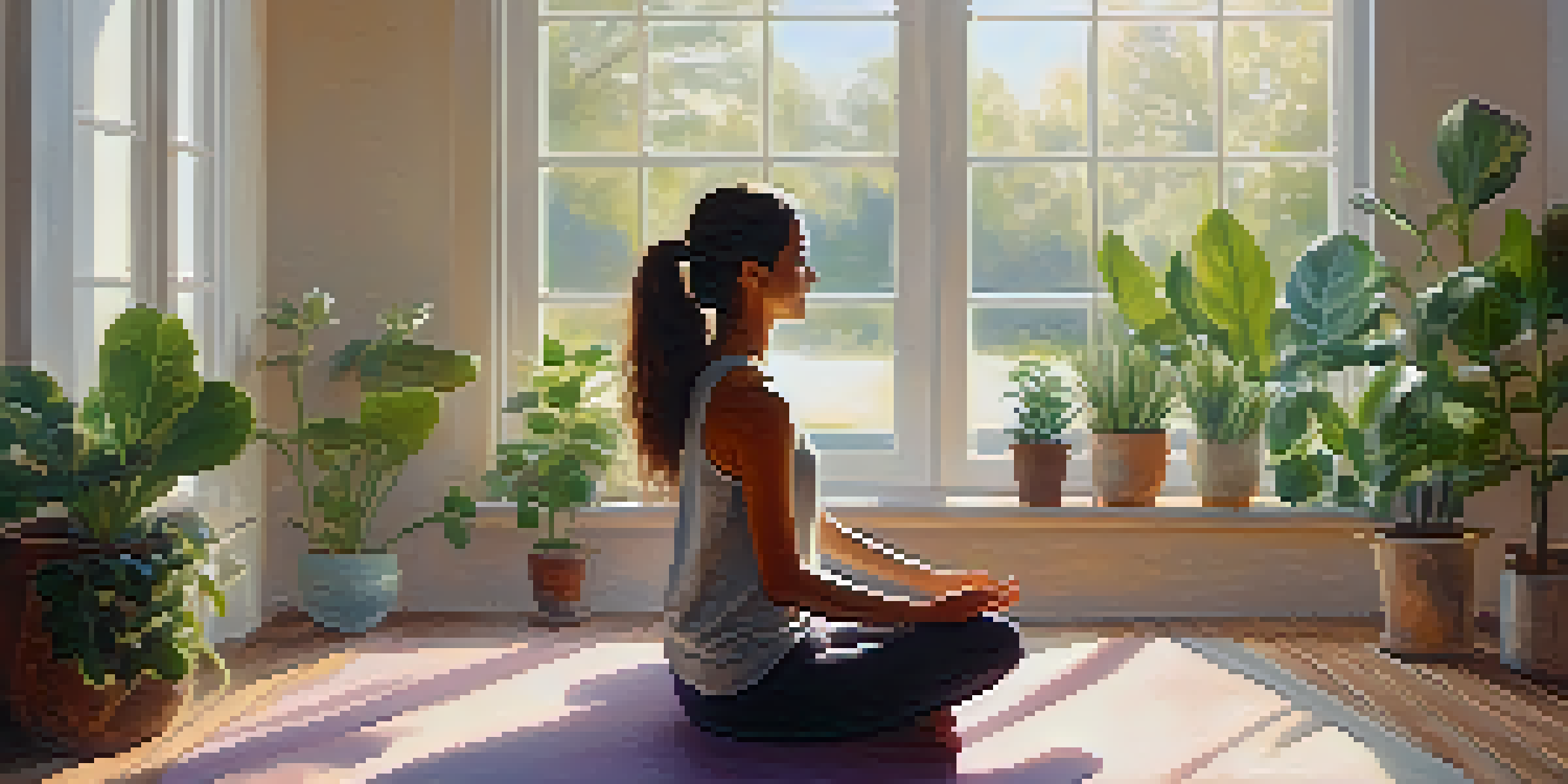 A person practicing mindful breathing in a sunlit room, surrounded by plants and a peaceful atmosphere.