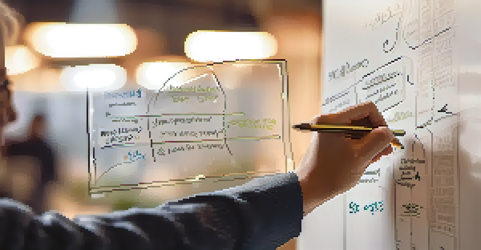 A close-up of a hand writing strategic goals on a glass board, with blurred background emphasizing the written content.