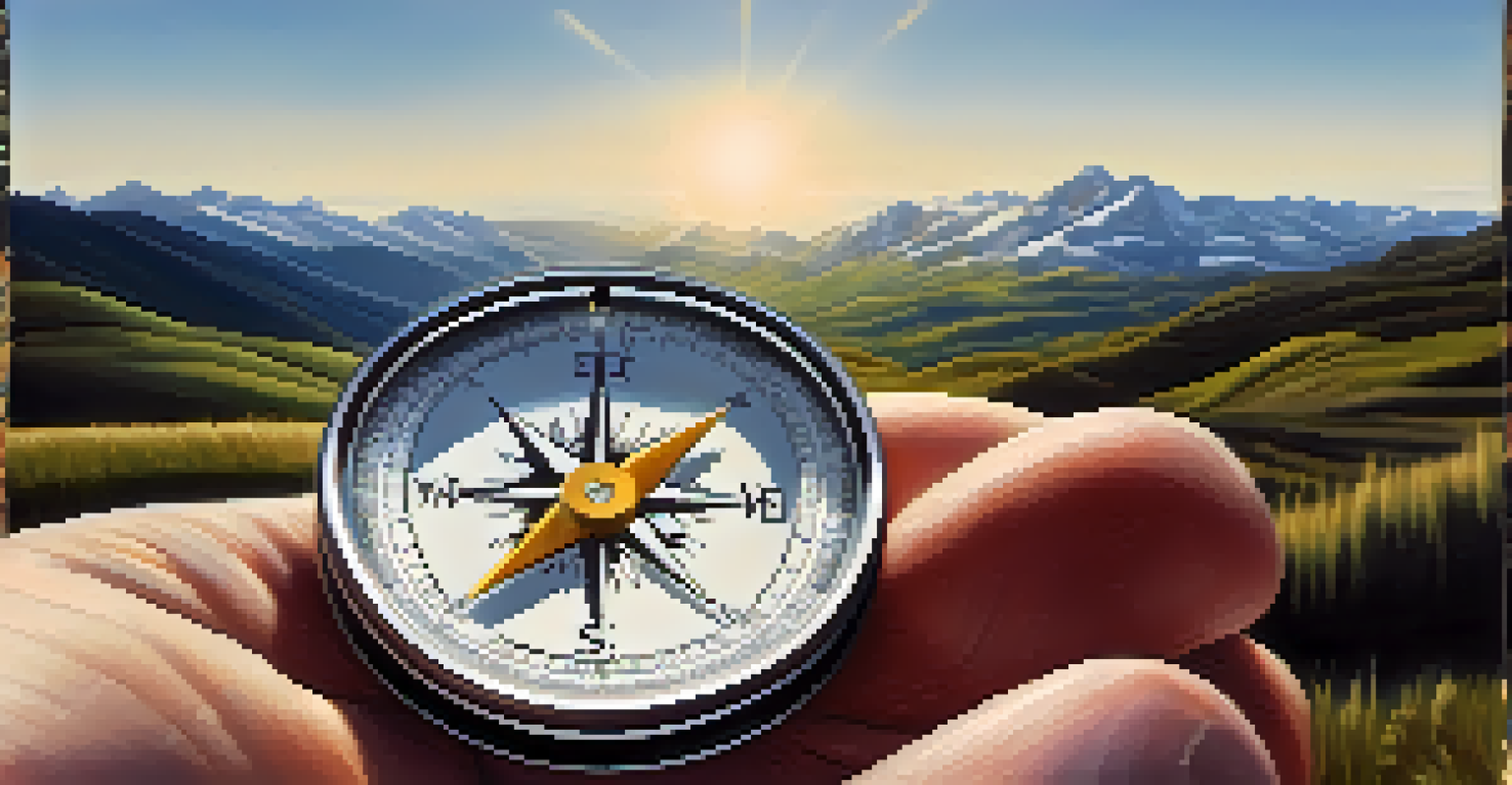 A close-up of a hand holding a compass against a blurred mountain landscape, symbolizing decision making.