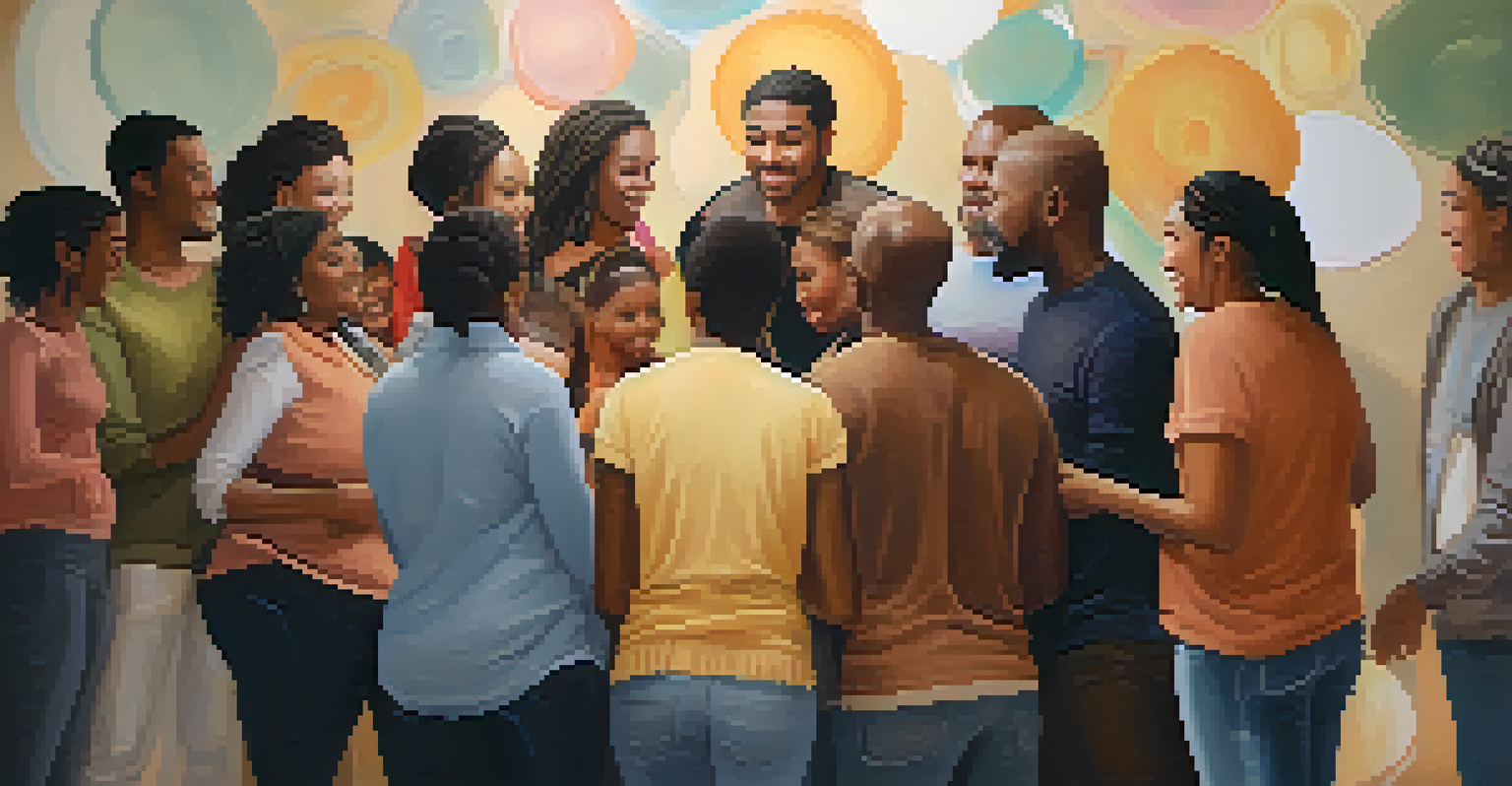 A diverse group of people sharing their stories in a supportive circle, with inspirational quotes in the background.
