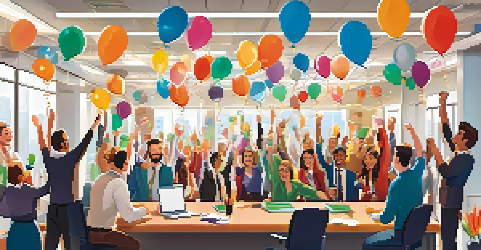 Employees celebrating achievements in a vibrant office, with smiles and high-fives, creating a joyful atmosphere.