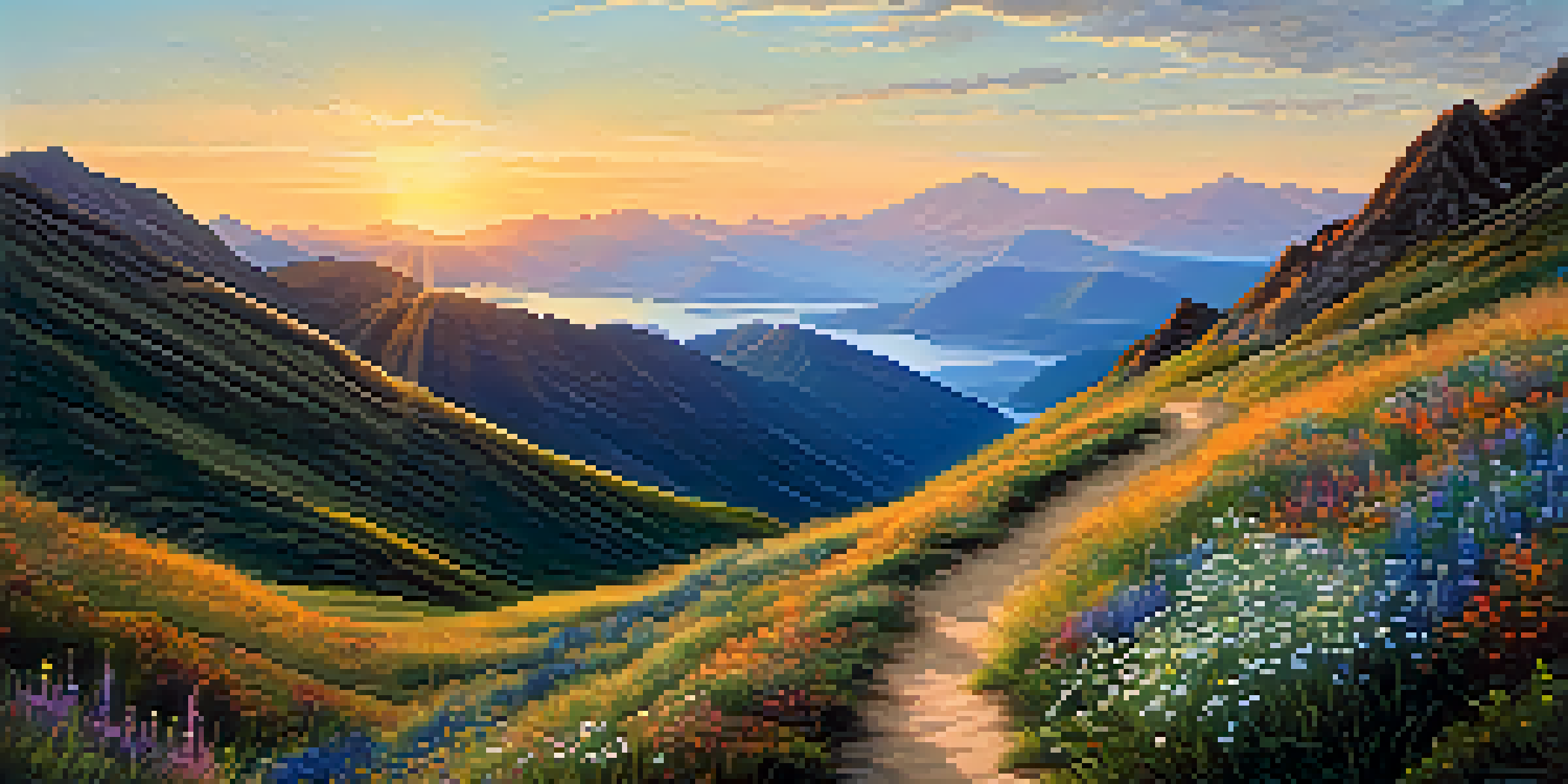 A breathtaking mountain landscape at sunrise with a winding path and a hiker looking out over the view.