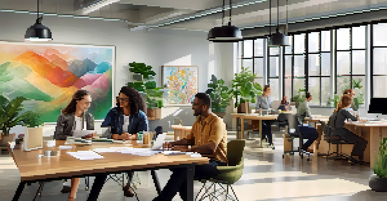 A modern office space with diverse individuals brainstorming together around a large table.