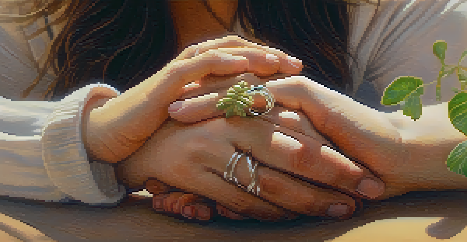 Two hands clasped together, symbolizing trust and connection, with a warm and comforting background.