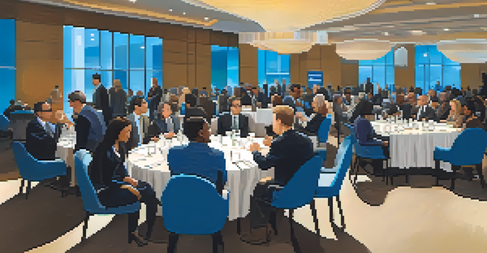 A diverse group of professionals at a networking event, engaged in conversation in a well-lit conference hall with round tables and name tags.