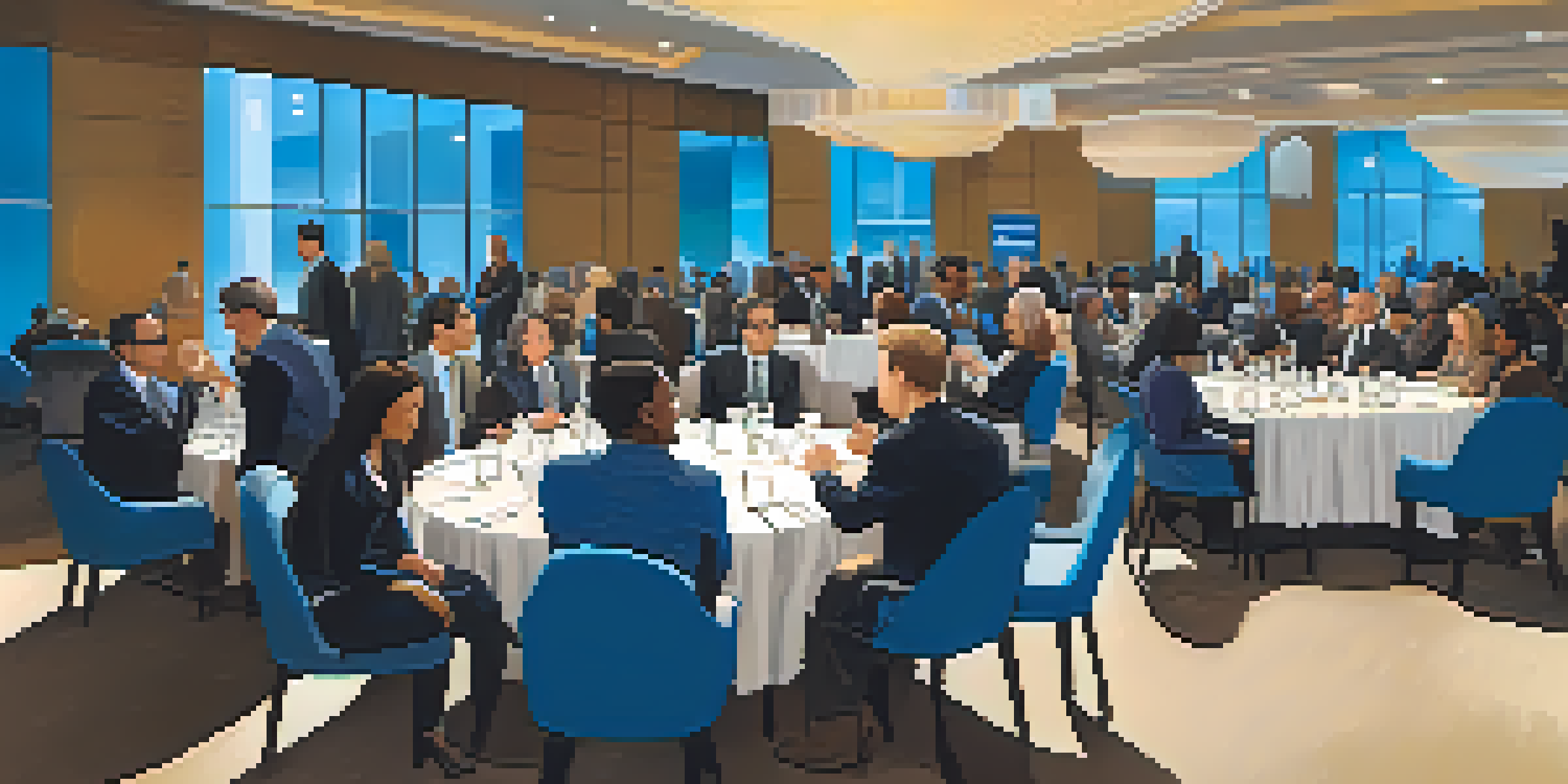 A diverse group of professionals at a networking event, engaged in conversation in a well-lit conference hall with round tables and name tags.