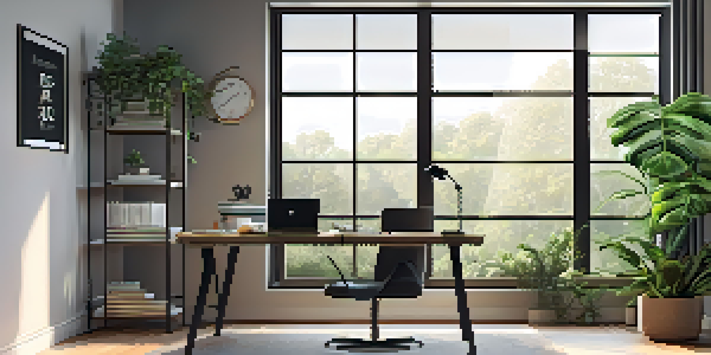 A bright home office with a desk, laptop, coffee cup, and plants, showcasing a cozy workspace.