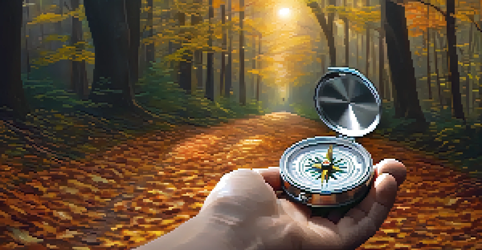 A hand holding a compass with a forest path in the background, under filtered sunlight.