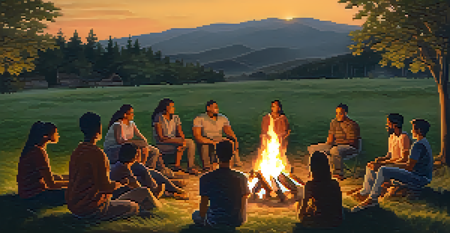 A community gathering around a bonfire, sharing stories and fostering empathy in a natural setting.