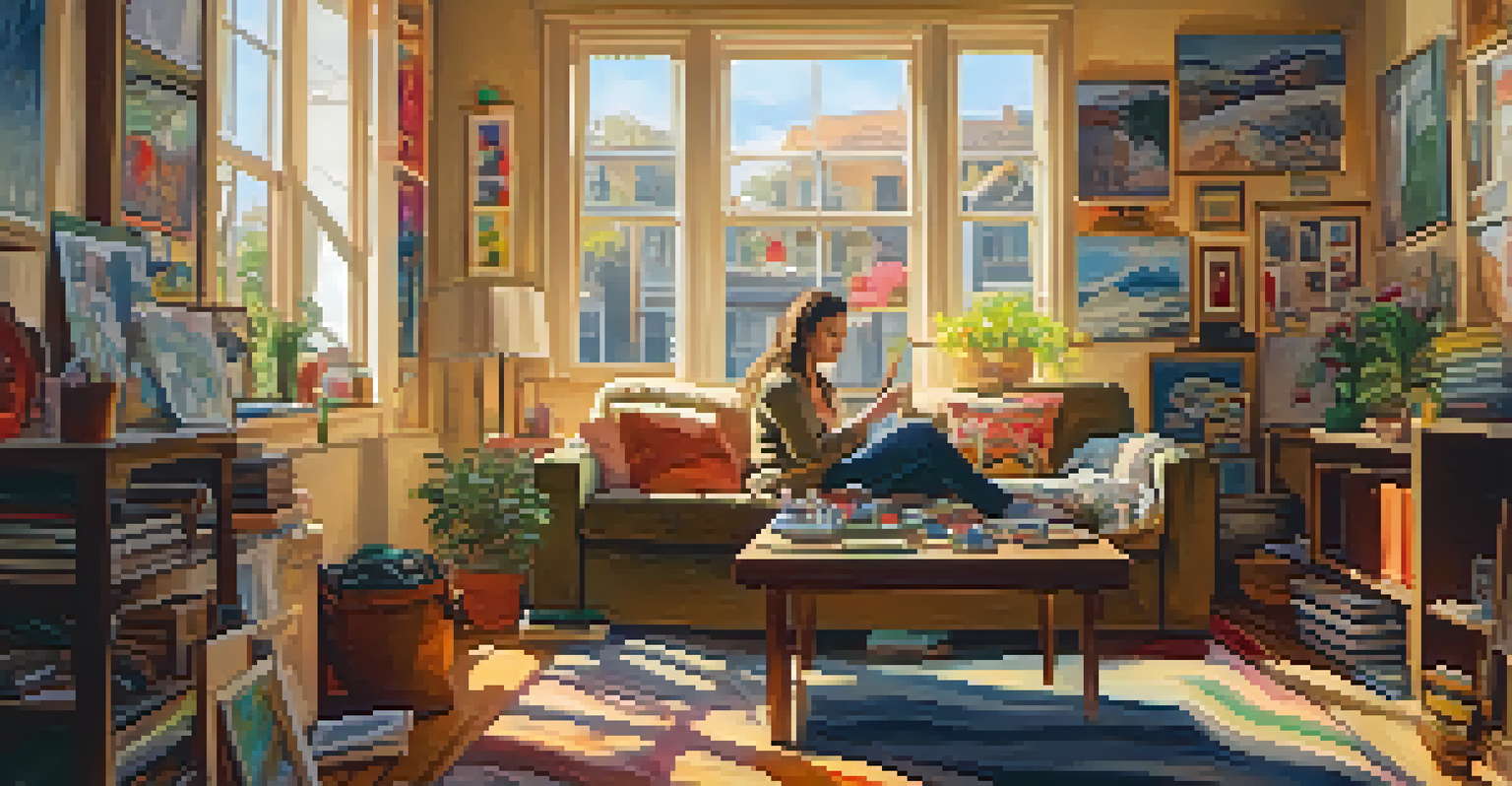 A person joyfully painting in a cozy living room filled with art supplies and personal artworks, showcasing creativity.
