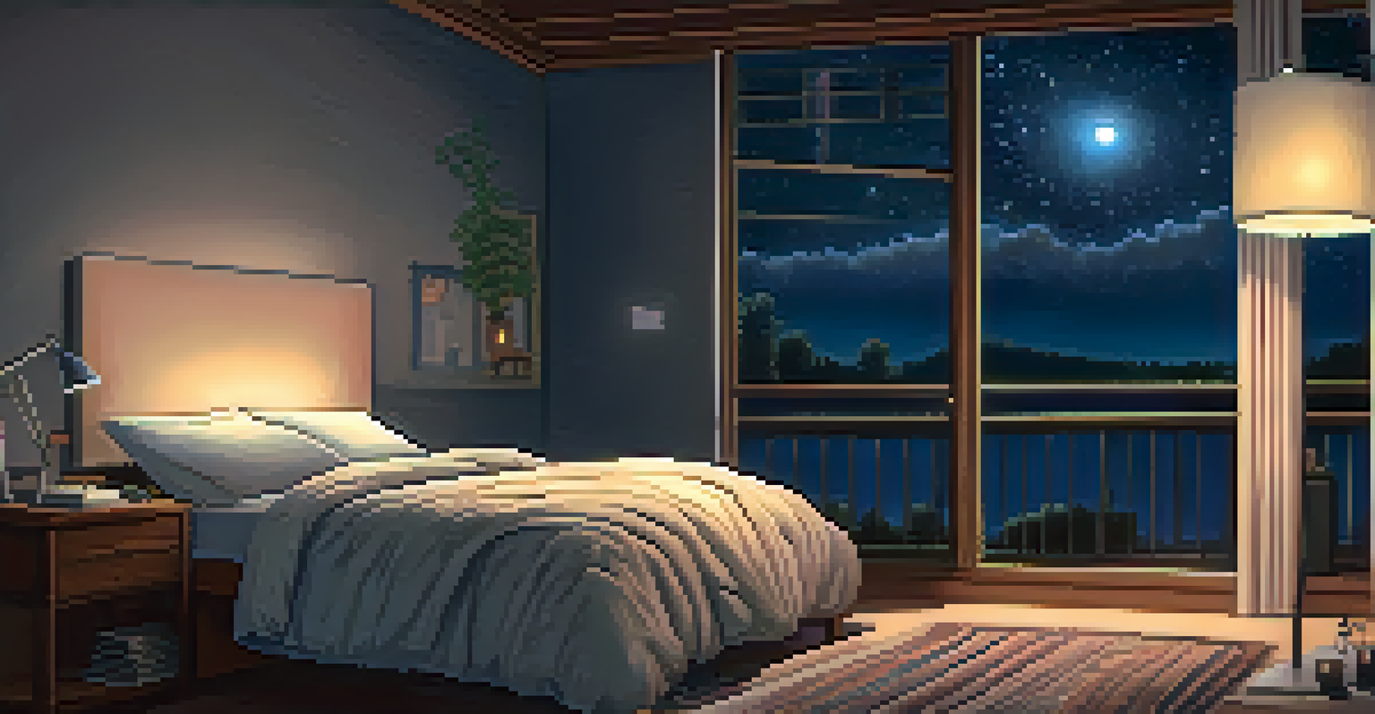 A person lying in bed practicing 4-7-8 breathing, surrounded by a cozy bedroom atmosphere with soft lighting and a starry night outside.