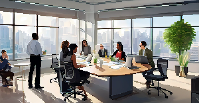 A diverse group of employees collaborating in a bright office workshop with laptops and notebooks.