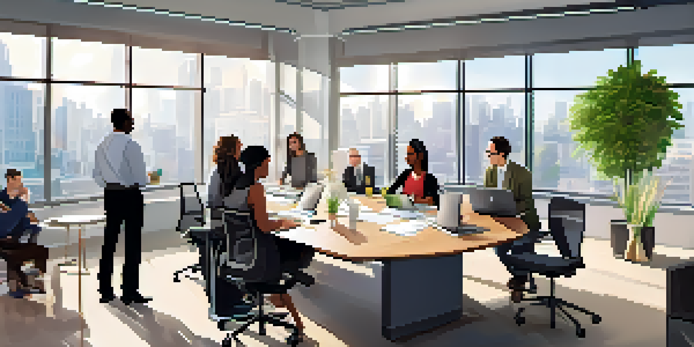 A diverse group of employees collaborating in a bright office workshop with laptops and notebooks.