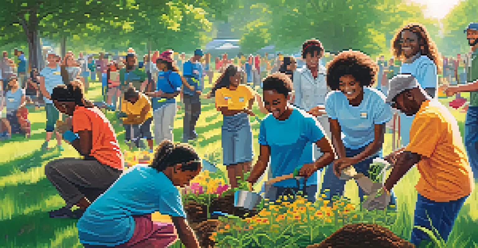 A diverse group of individuals planting trees together in an urban park, showcasing community service and collaboration.