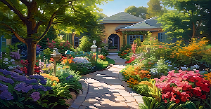 A beautiful garden filled with colorful flowers and greenery, with a pathway and sunlight filtering through the leaves.