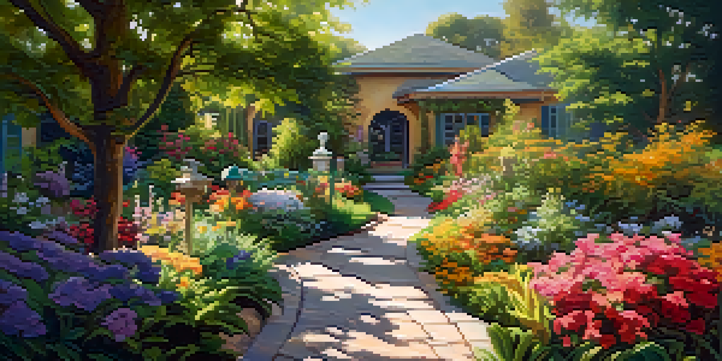 A beautiful garden filled with colorful flowers and greenery, with a pathway and sunlight filtering through the leaves.