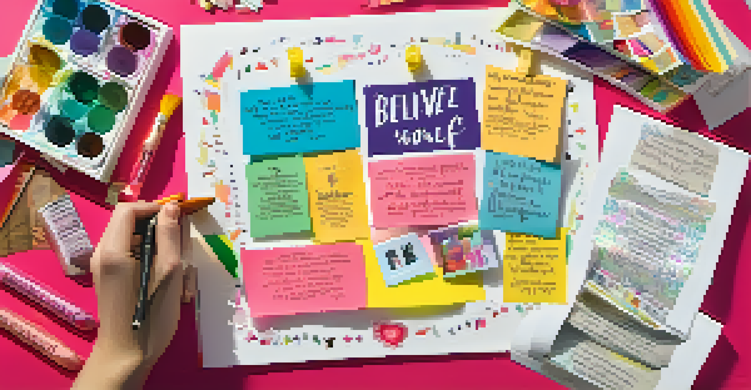 A person's hand adding a motivational quote to a vision board, surrounded by colorful images and affirmations.