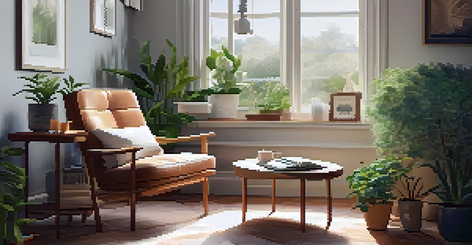 A cozy indoor space for introspection with a comfortable armchair, plants, a journal, and a cup of tea by a window.