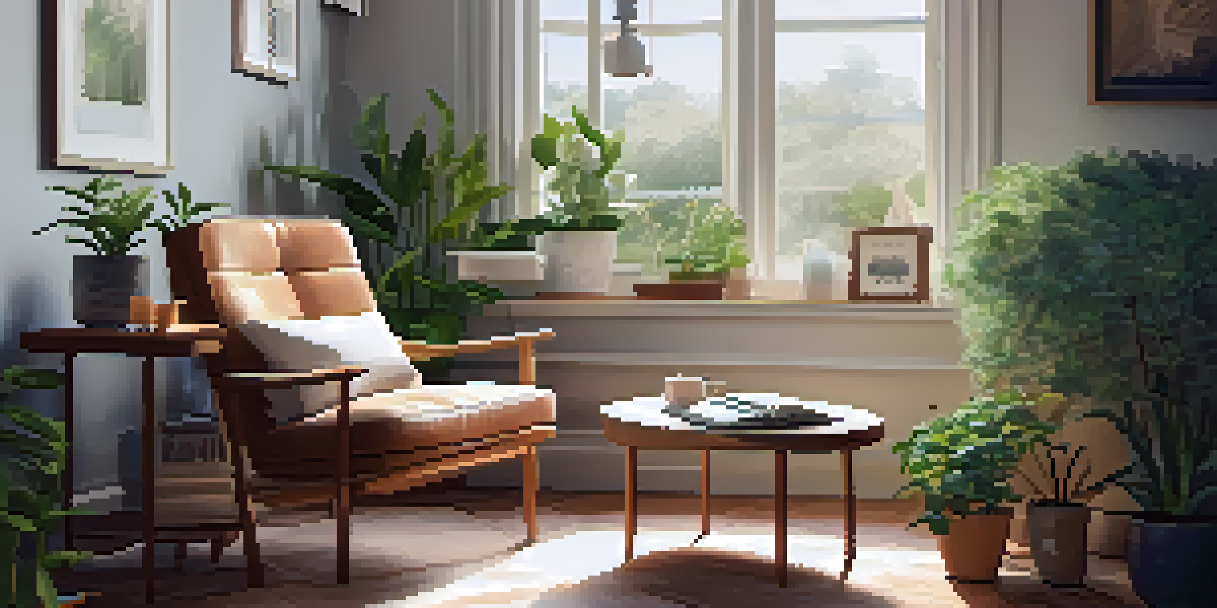 A cozy indoor space for introspection with a comfortable armchair, plants, a journal, and a cup of tea by a window.