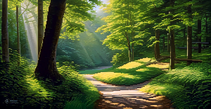 A peaceful forest scene with a winding path and sunlight filtering through the trees, showcasing a wooden signpost with various goals.