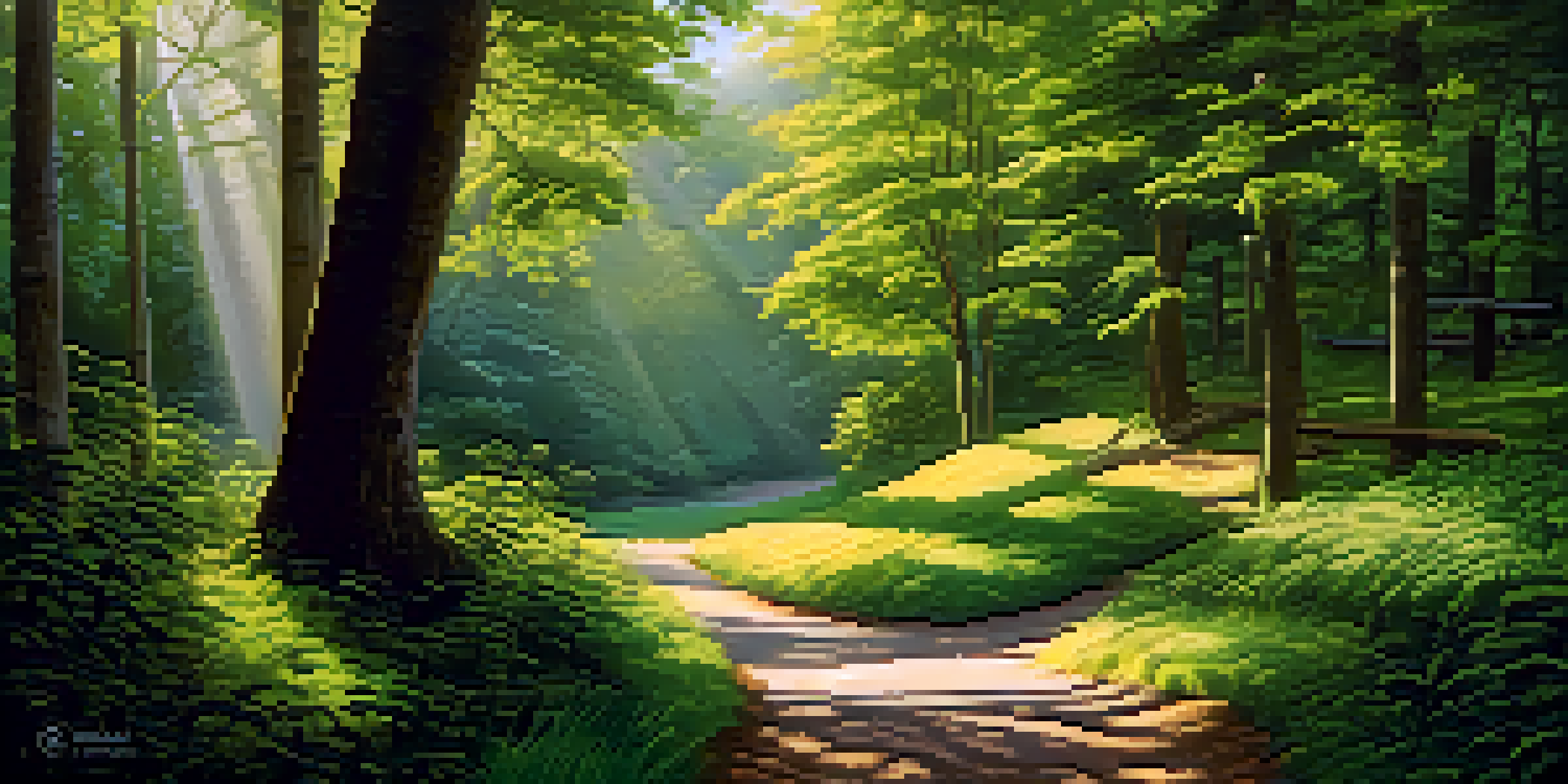A peaceful forest scene with a winding path and sunlight filtering through the trees, showcasing a wooden signpost with various goals.