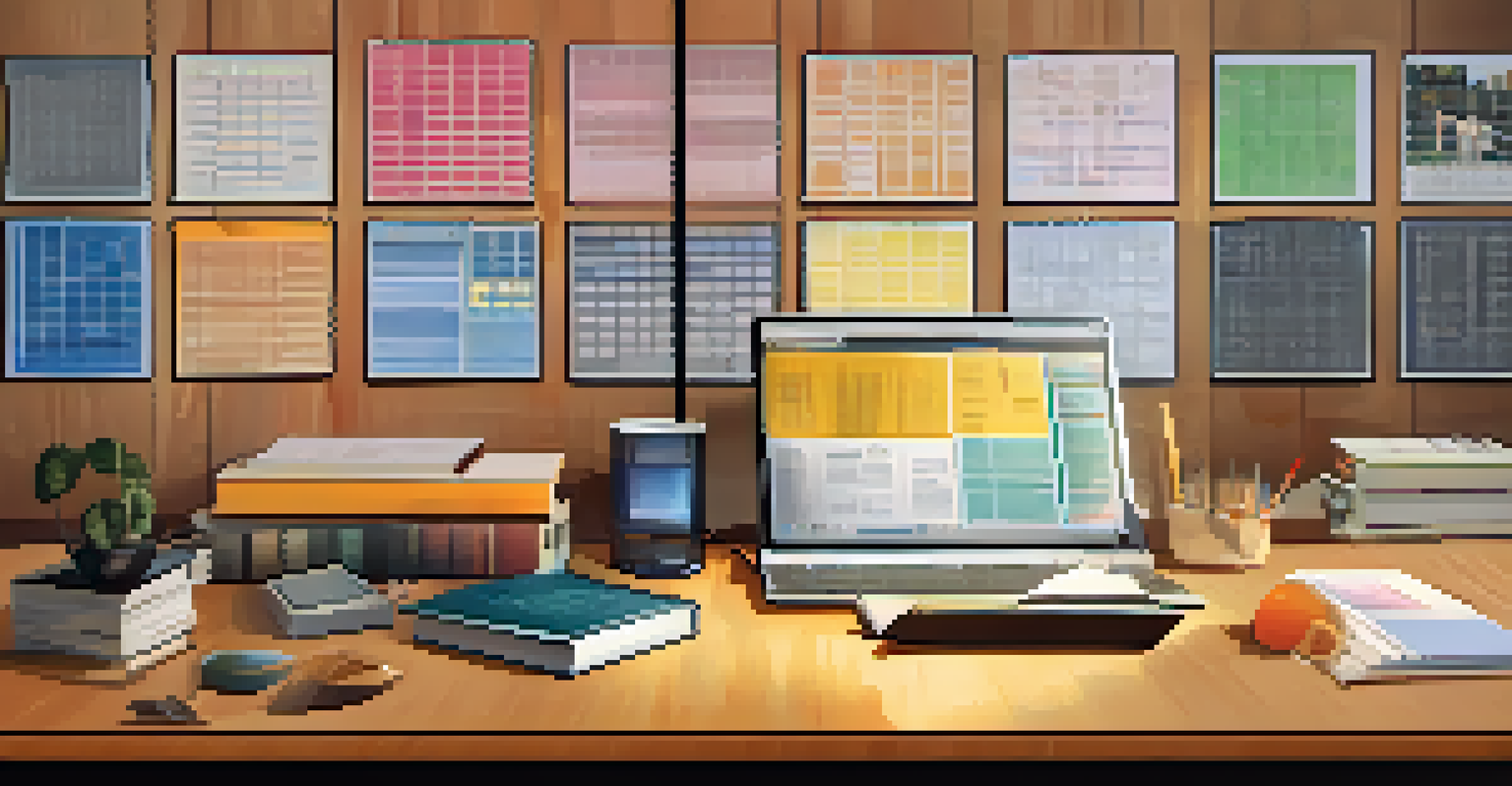 A colorful Eisenhower Matrix displayed on a wooden desk, with illustrations representing different types of tasks, illuminated by morning light.