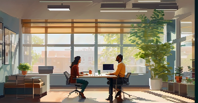 Two colleagues having a friendly conversation in a well-lit office with a warm atmosphere.