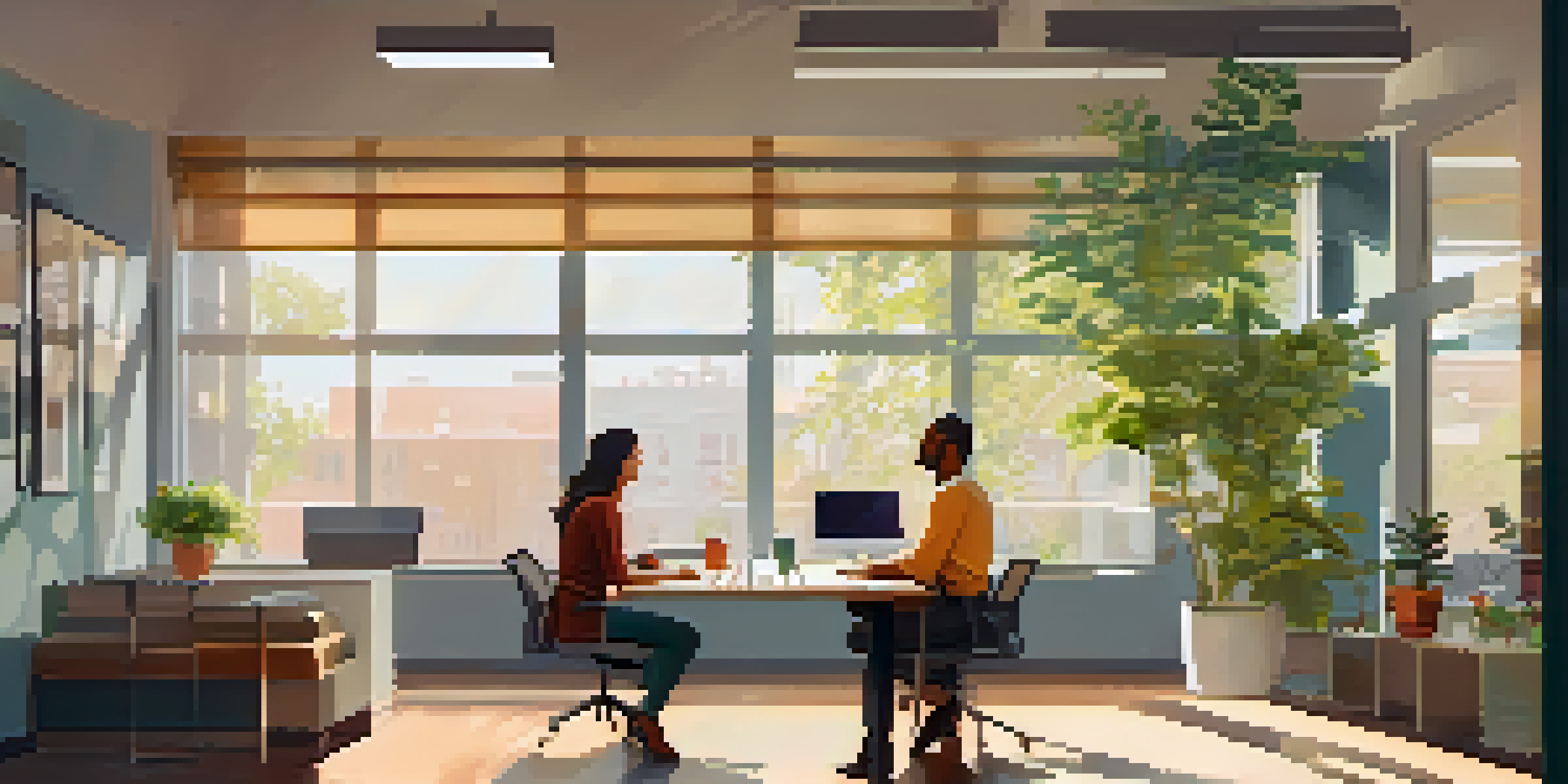 Two colleagues having a friendly conversation in a well-lit office with a warm atmosphere.