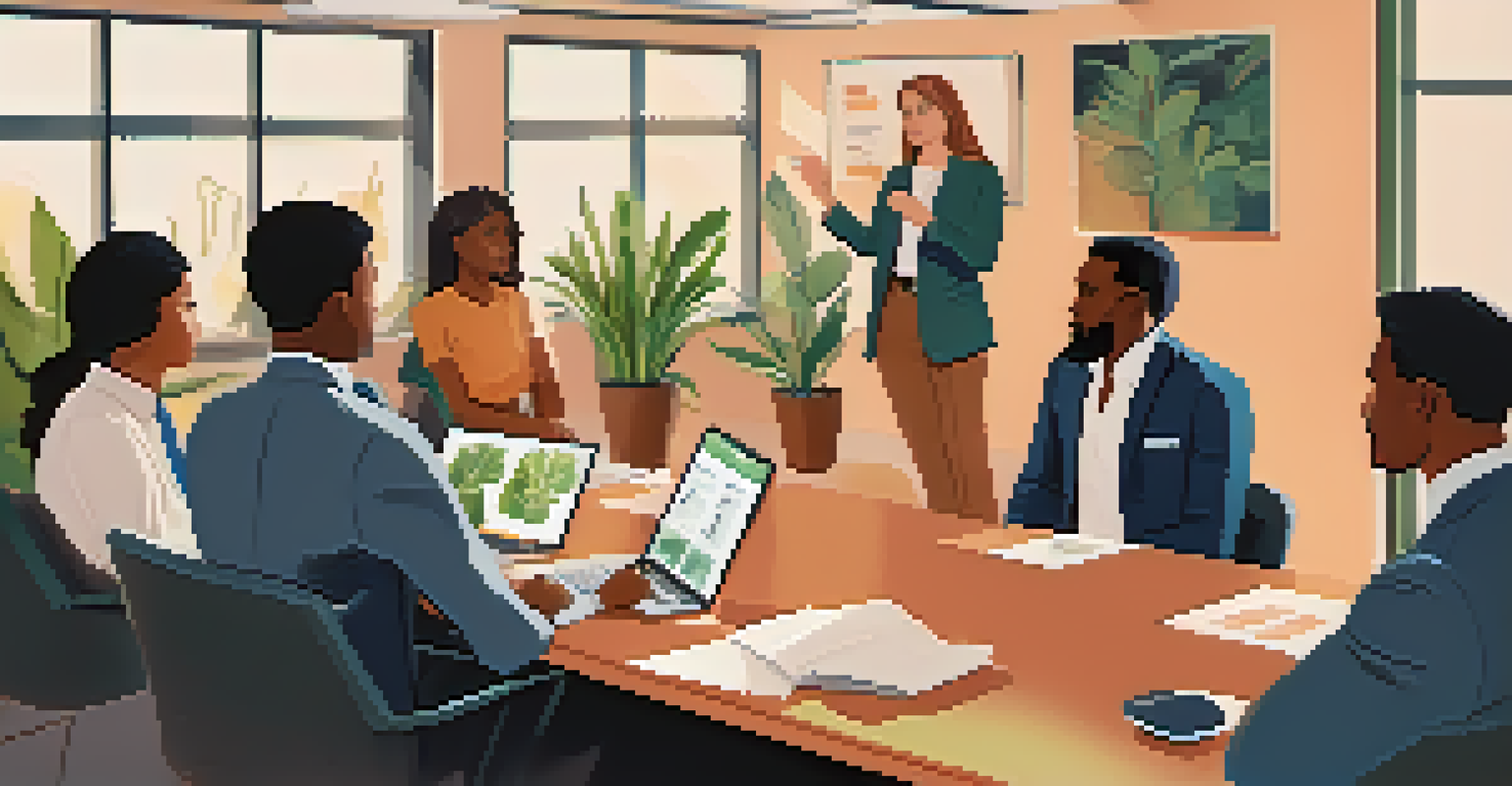 A confident leader addressing a engaged team in an office, showcasing active listening and empathy, with motivational decor in the background.