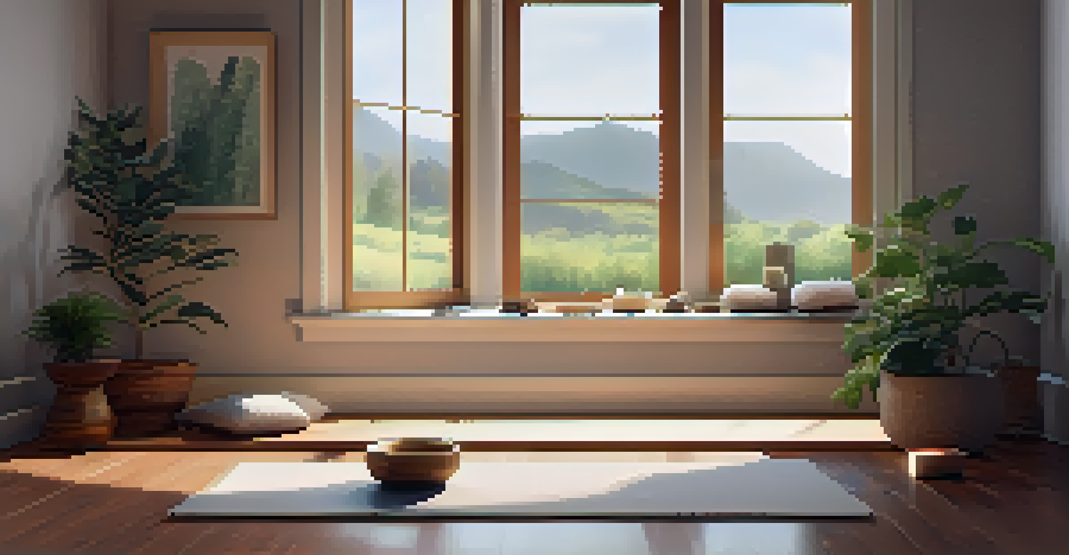 A cozy indoor space for mindfulness practice with a yoga mat, candles, and a plant, illuminated by warm natural light.