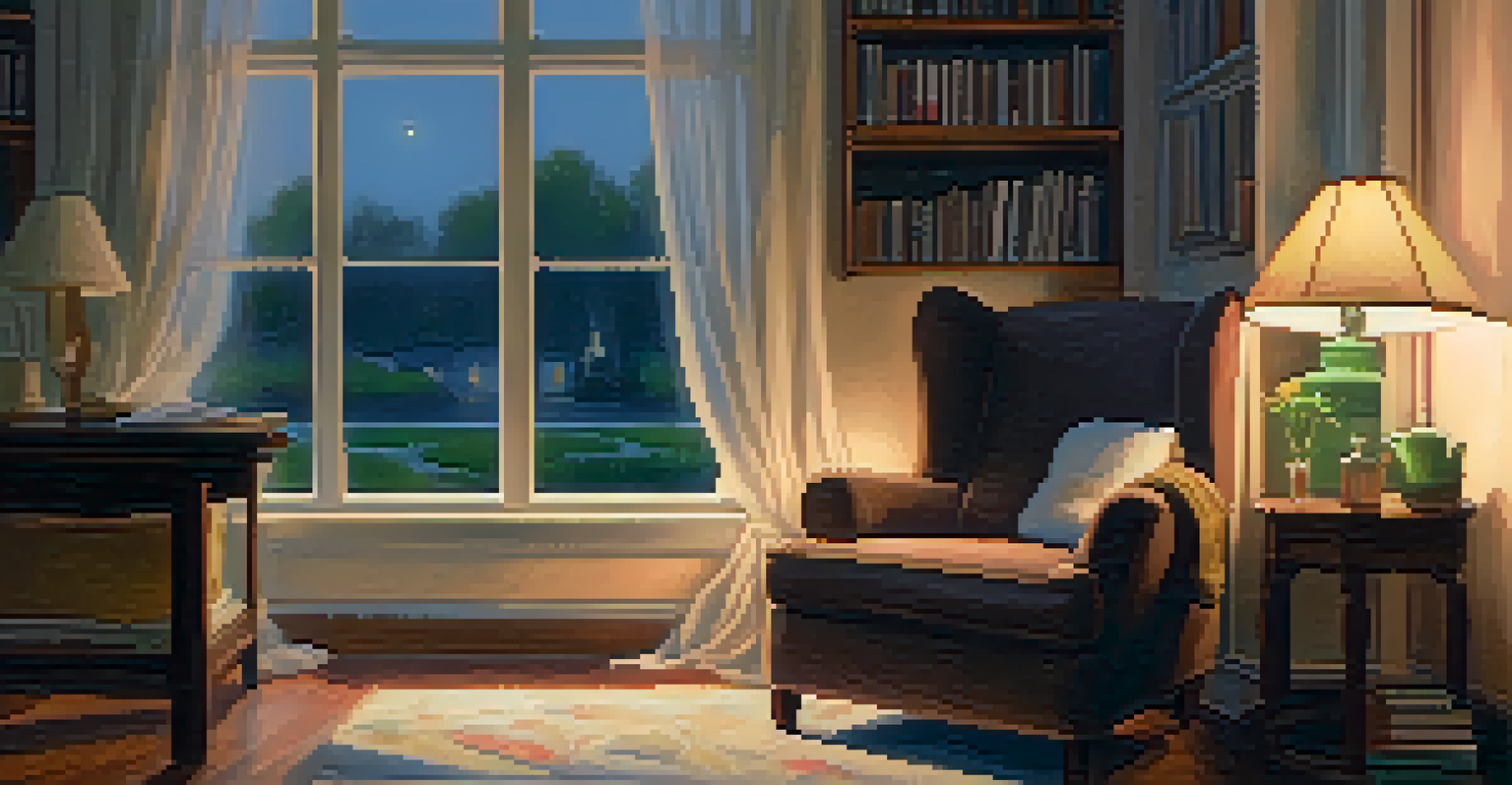 A cozy reading nook with a plush armchair, tea, and a book, illuminated by warm light.
