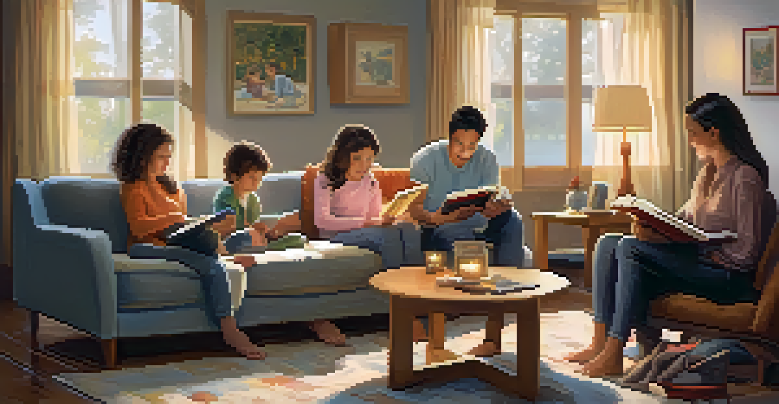 A family sitting together in a cozy living room, playing a game or reading a book, with soft lighting and warm decorations.