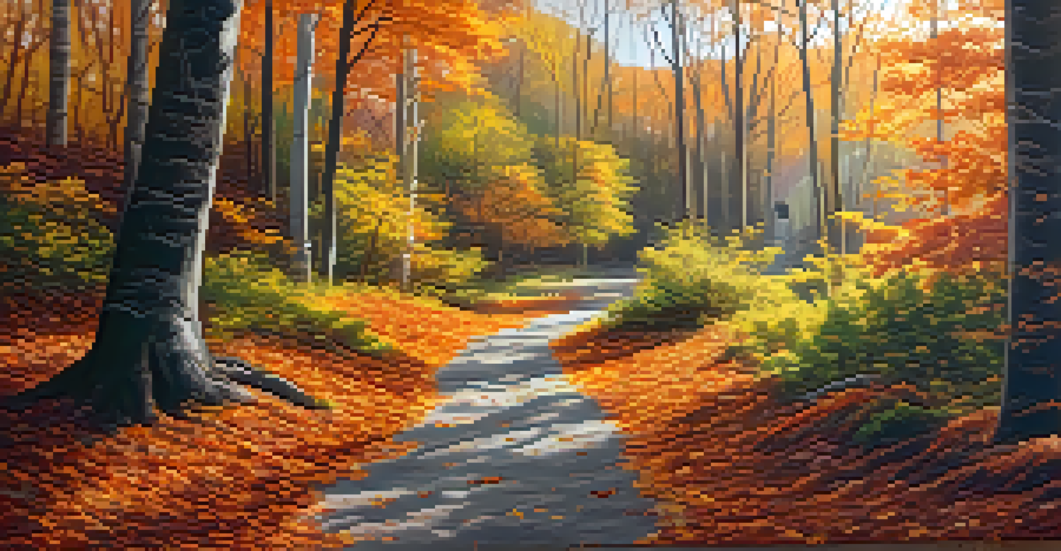 A person walking through a colorful autumn forest, surrounded by bright leaves and dappled sunlight.