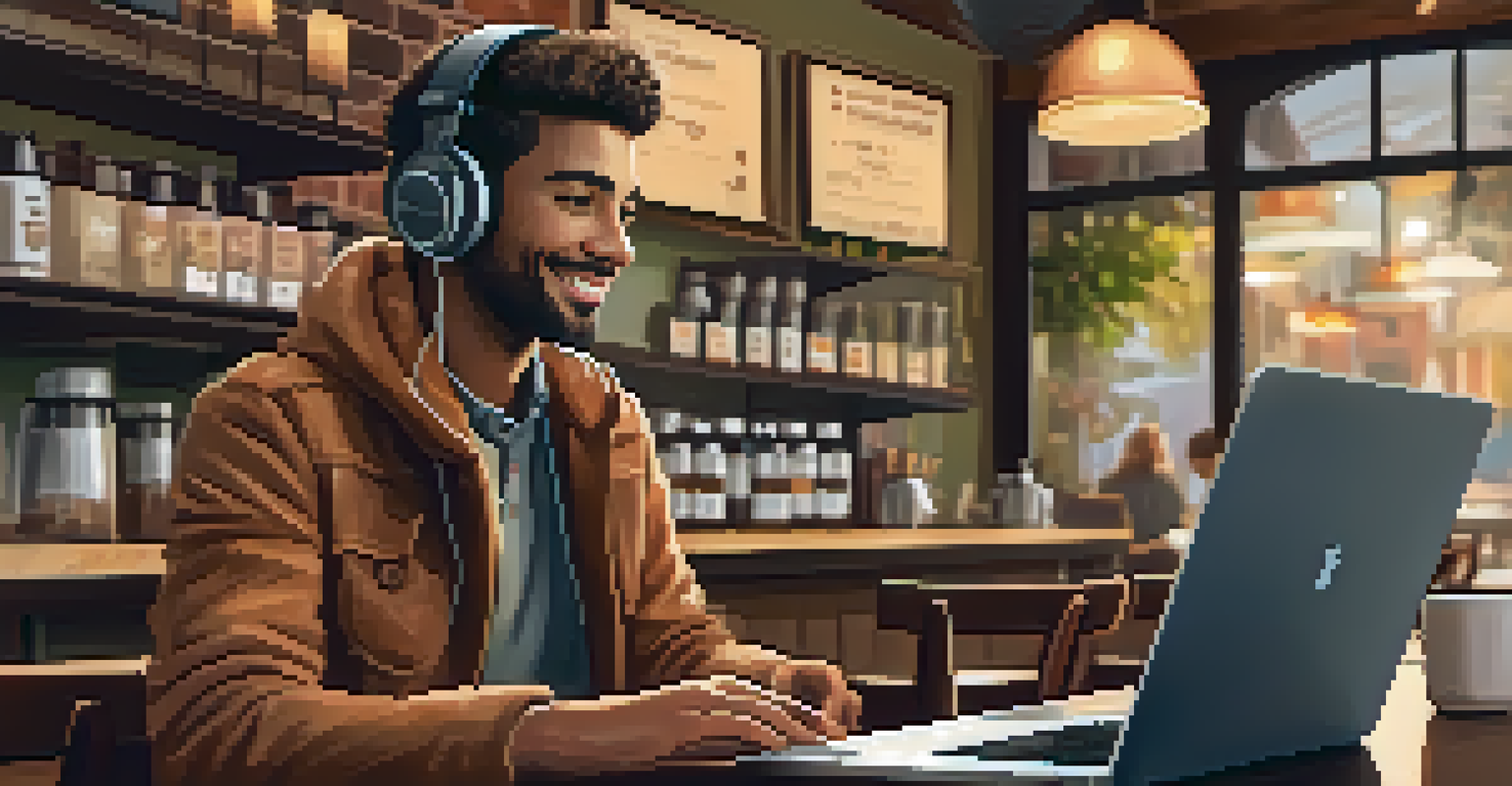 A person engaged in an online networking session at a coffee shop, with a laptop open and a warm, inviting atmosphere.