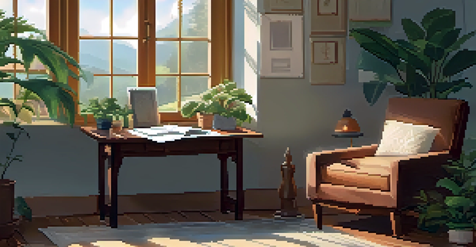 A cozy indoor journaling space with soft morning light, a journal, a cup of tea, and a potted plant on a wooden table.