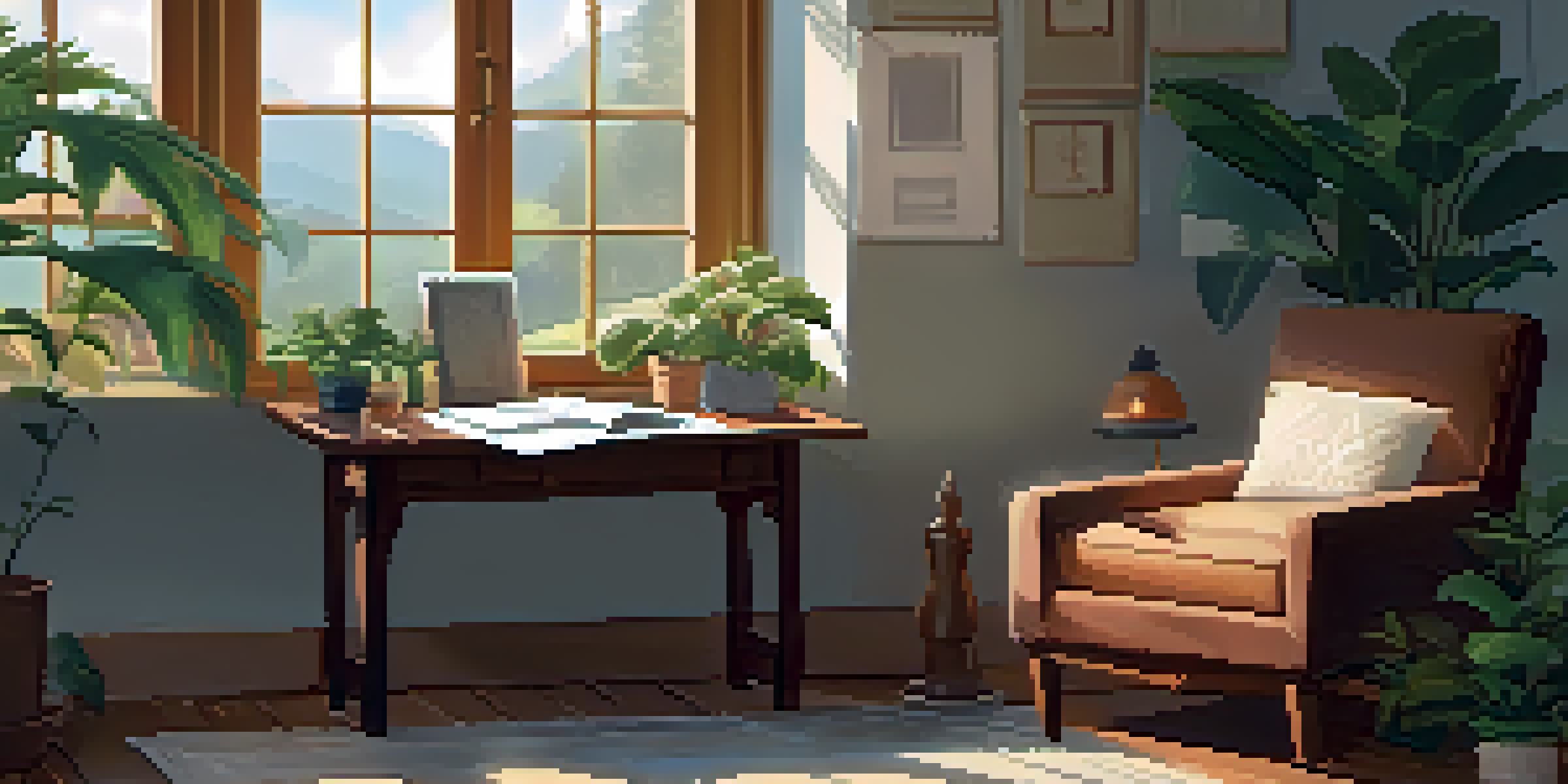 A cozy indoor journaling space with soft morning light, a journal, a cup of tea, and a potted plant on a wooden table.