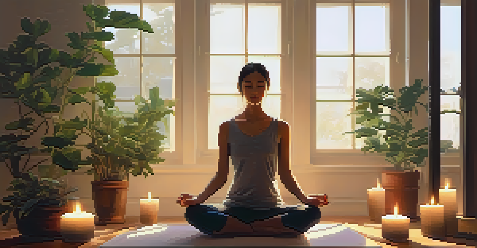 A person practicing mindfulness in a sunlit room, sitting cross-legged surrounded by plants and candles, creating a calm atmosphere.