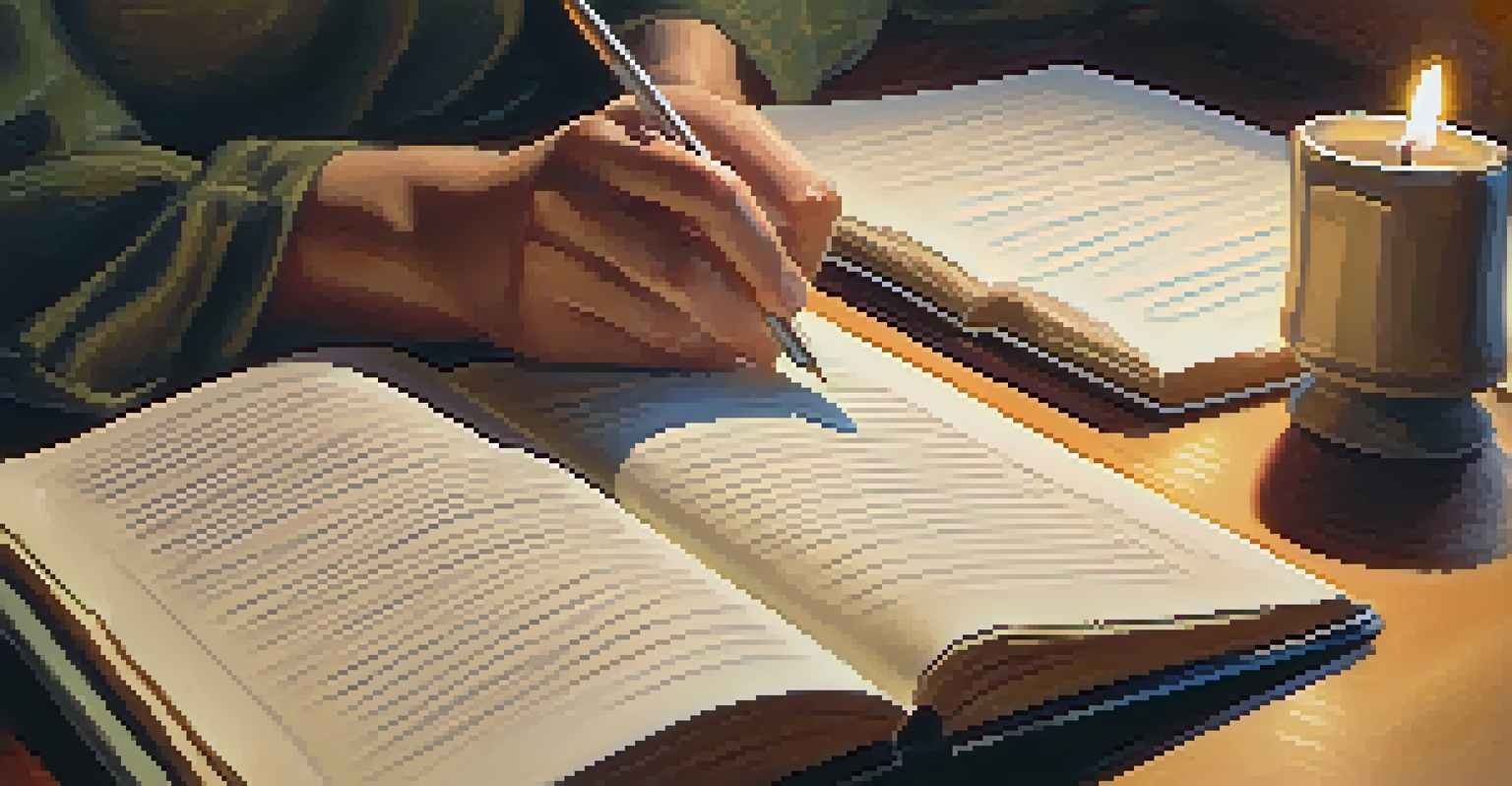 A close-up image of a person journaling with candles and a potted plant in a cozy setting.