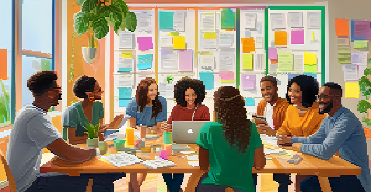 A diverse group of friends discussing plans around a table with a laptop and colorful notes, creating an atmosphere of collaboration.