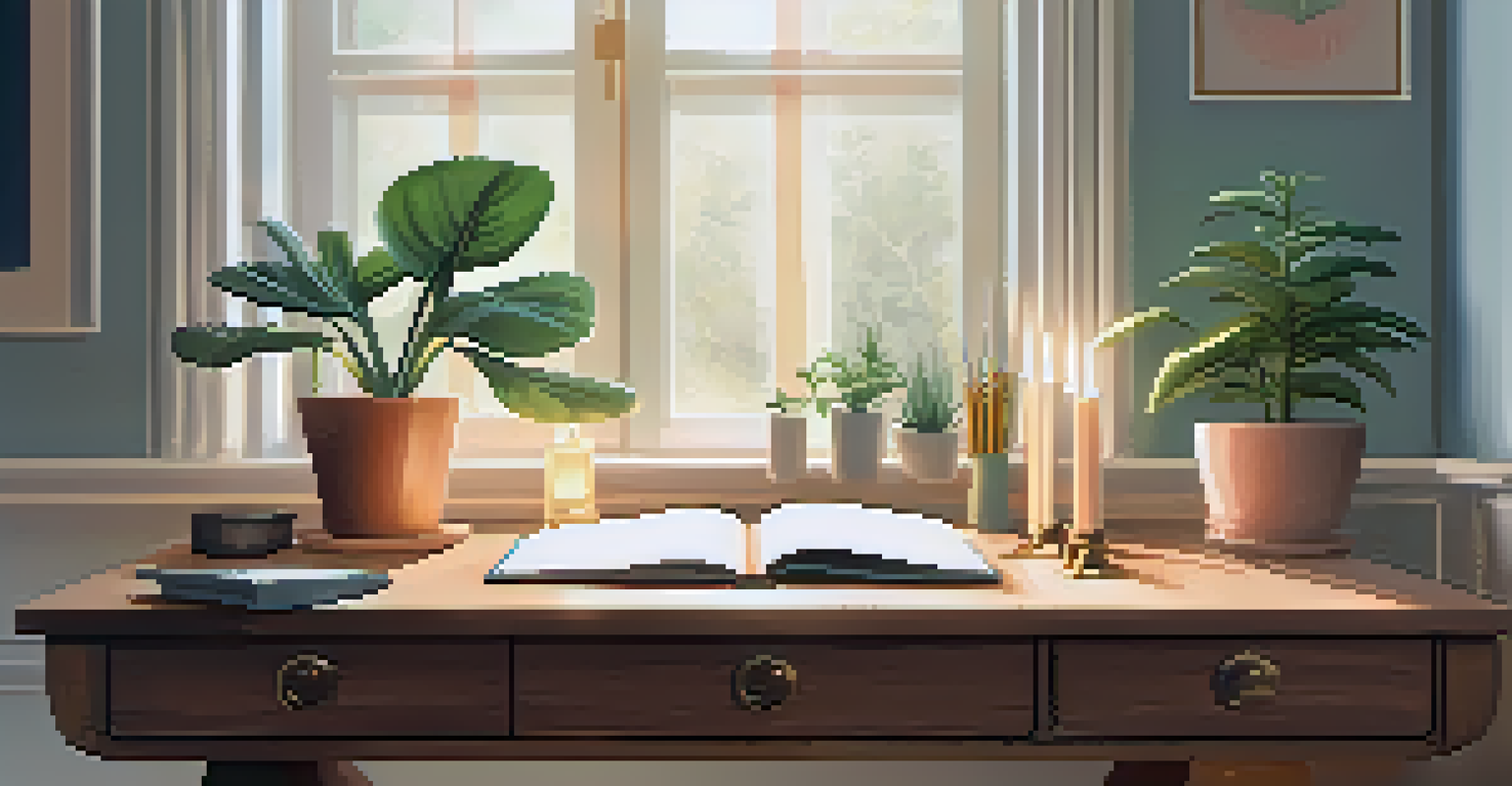 A tidy workspace with a journal, candles, and a plant, bathed in soft light.
